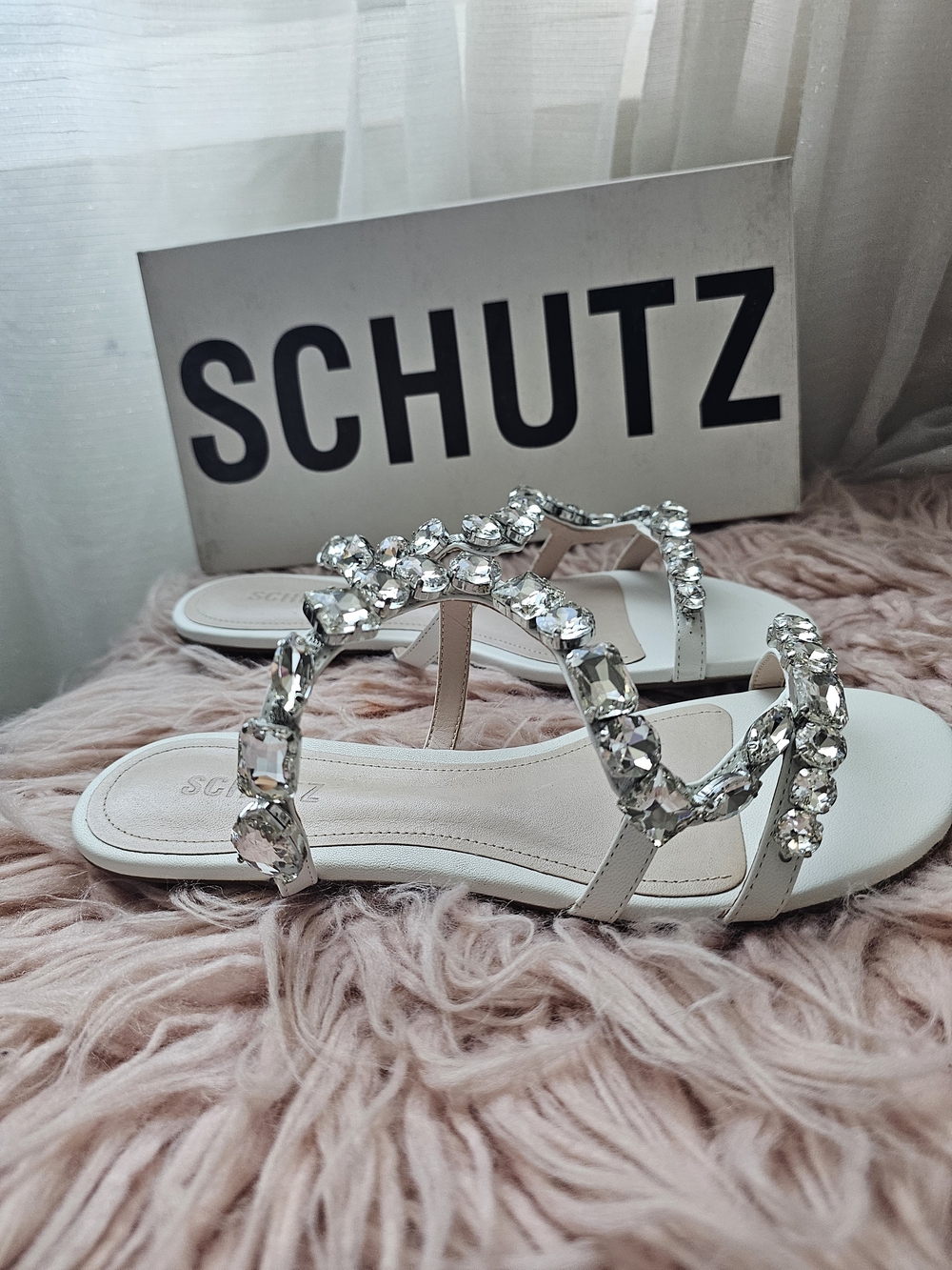 Schutz White Jeweled Gladiator Flat Sandals